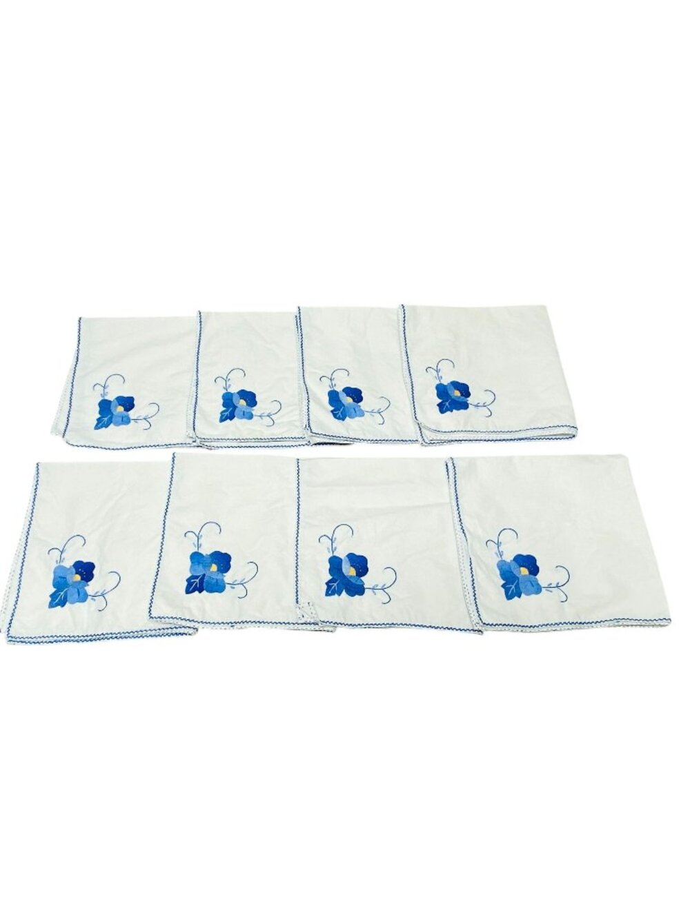 8 Vintage White Cotton Napkins With Blue Floral Embroidery & Scalloped Borders